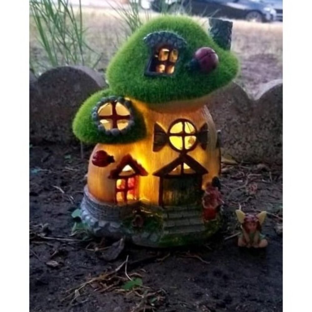 Mushroom Garden Statues with Outdoor Solar Light, Green Flocked Fall Decor